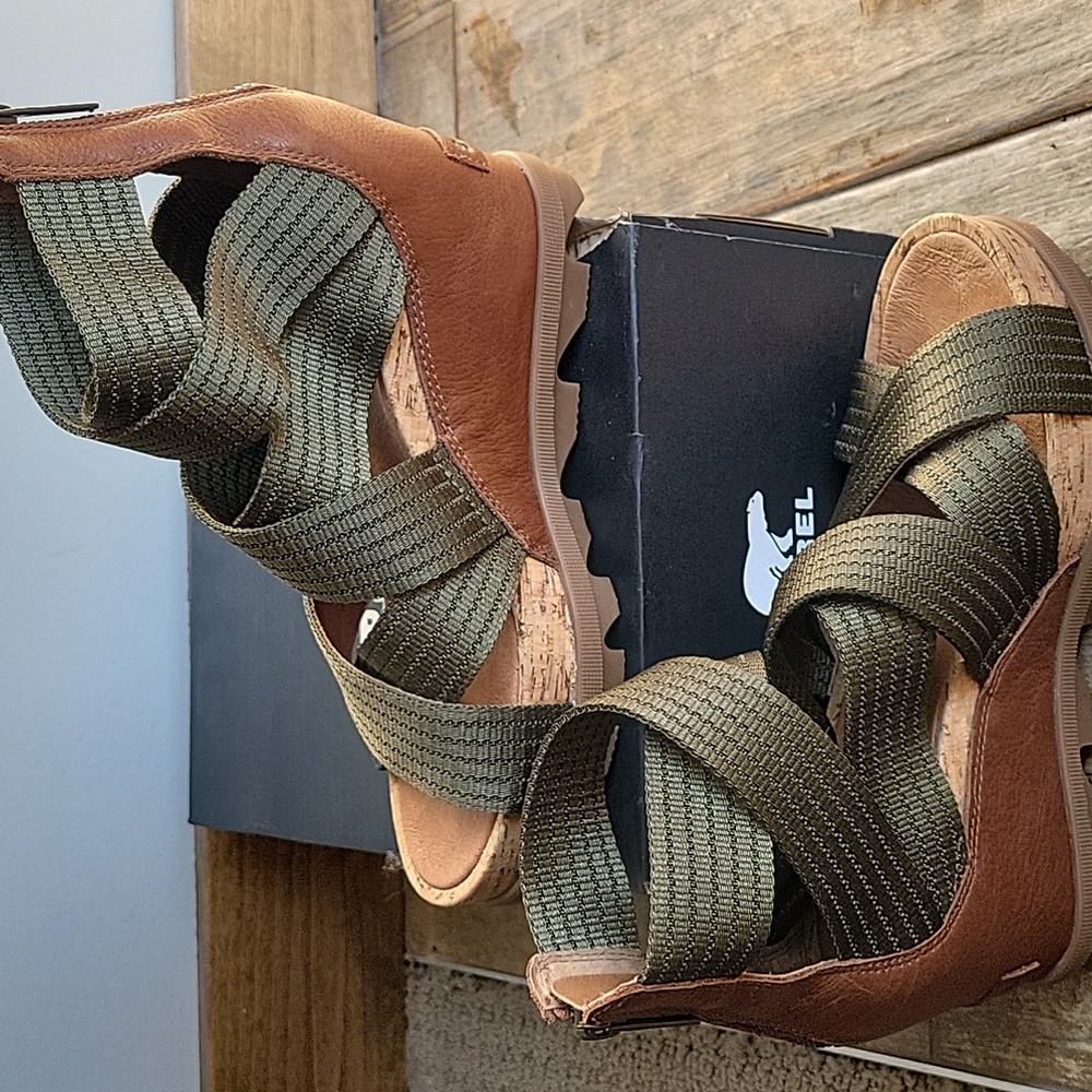 Sorel Joanie II Strappy Olive Green Wedge and Cork Sandals
